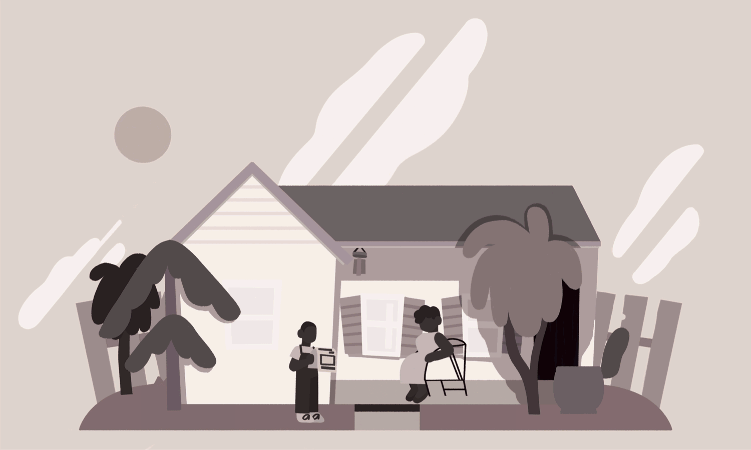 An animated illustration portraying Fred, a Black man, throughout three stages of his life in front of his childhood home. His childhood is black and white, with him as a boy reading the newspaper and his mother is sitting on the porch. His adulthood in Sepia with him standing tall and proud, and the porch seat is empty. The final frame showing him in the present as an old man looking to the future. The vegetation and garden of the house grow with him, starting from minimal to lush foliage.